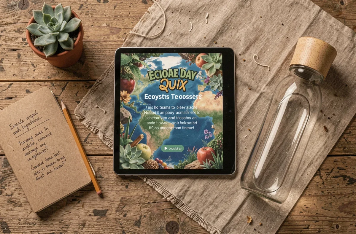 Vue de dessus d'une tablette affichant un quiz de la Journée de la Terre posée sur un bureau avec des accessoires écologiques