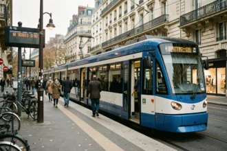 Tramway T3B à l'arrêt dans Paris avec passagers montant et descendant, affichage des horaires visible sur le quai