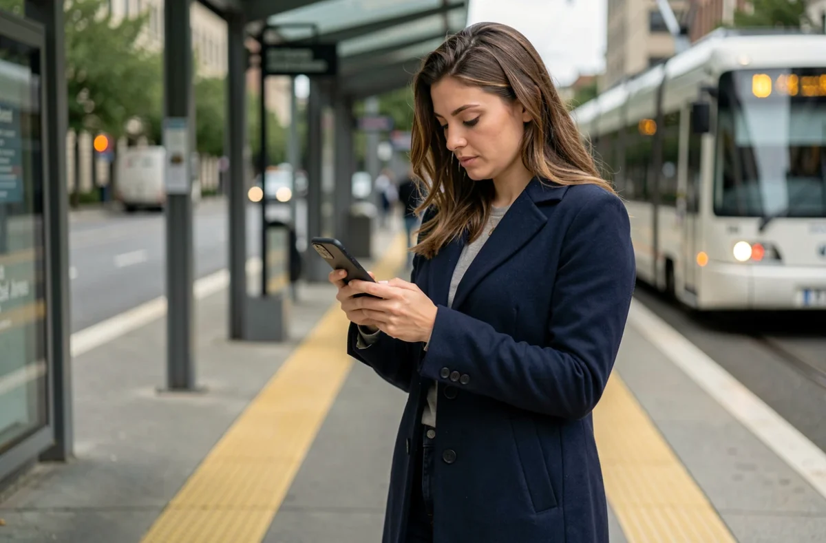 Femme consultant les horaires du tramway T3B sur son smartphone sur le quai, calcul du temps de trajet en temps réel