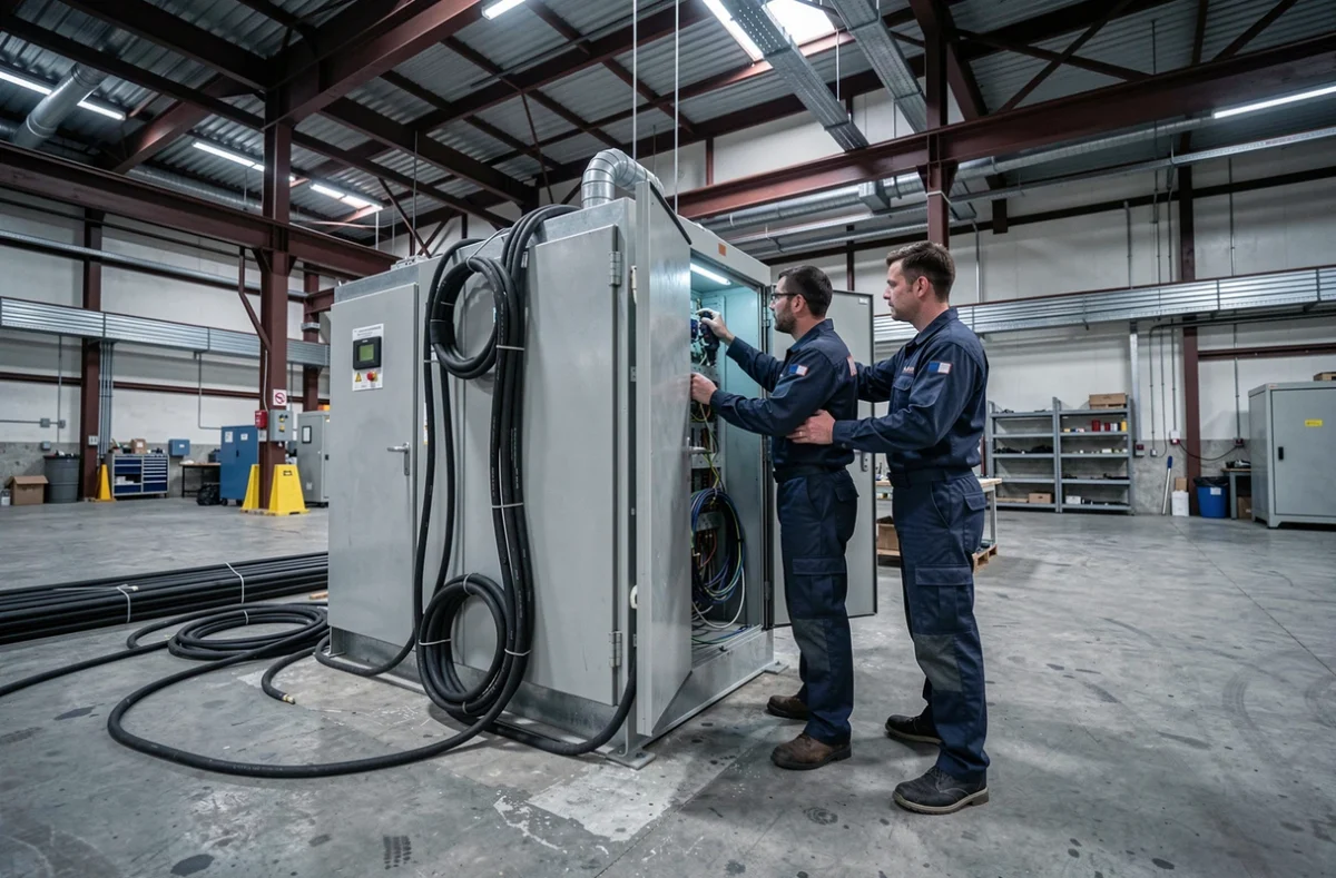 Deux électriciens de 2R ELEC travaillant sur un tableau industriel dans un entrepôt ardéchois
