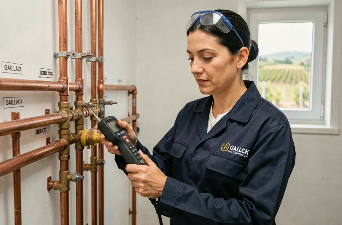 Technicienne d'Alix Musiol Plomberie inspectant des canalisations en cuivre dans une installation à Gaillac