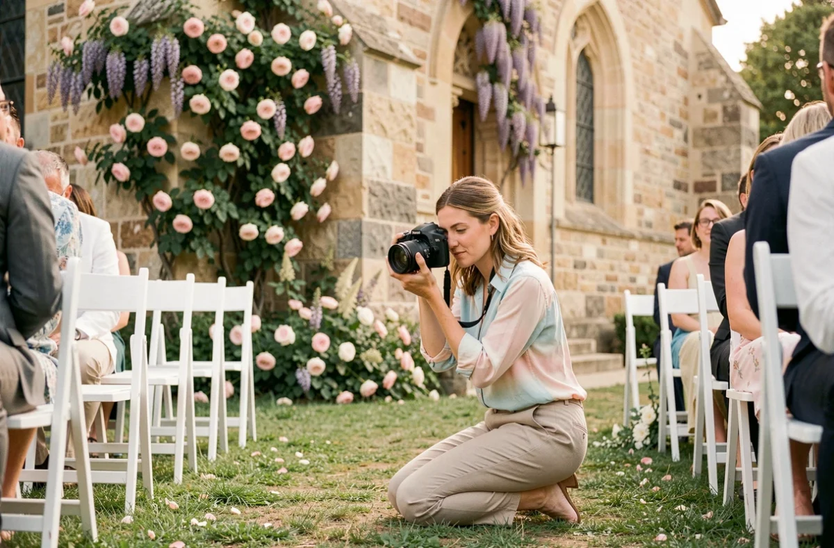 Anne-Sophie Gomes photographiant une cérémonie de mariage en plein air près d'une chapelle en pierre à Toulouse, entourée de roses et de glycines