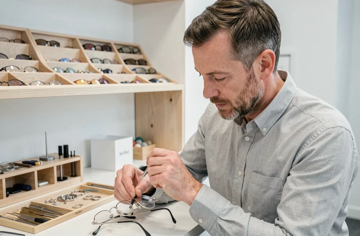 Opticien de Bore Riant ajustant avec précision des montures en titane sur un établi d'atelier d'optique minimaliste