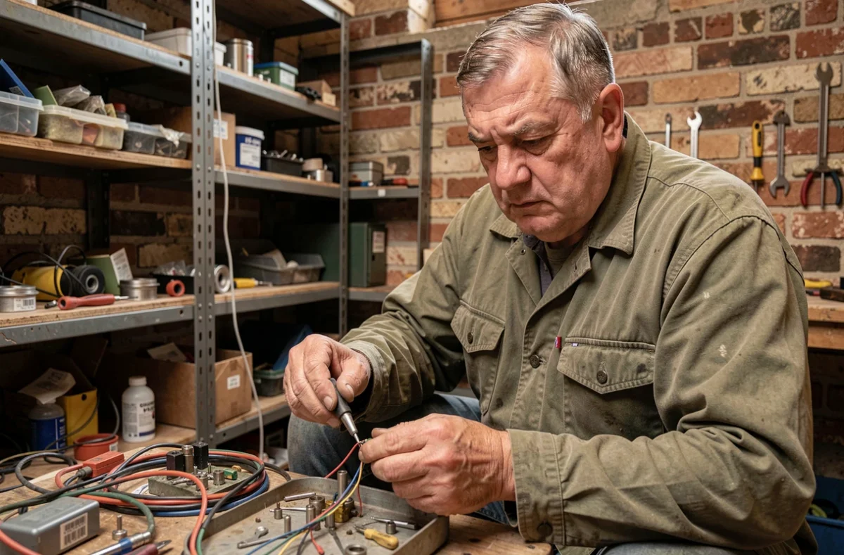Michel Charre électricien soudant des connexions dans un local technique d'une propriété ardéchoise