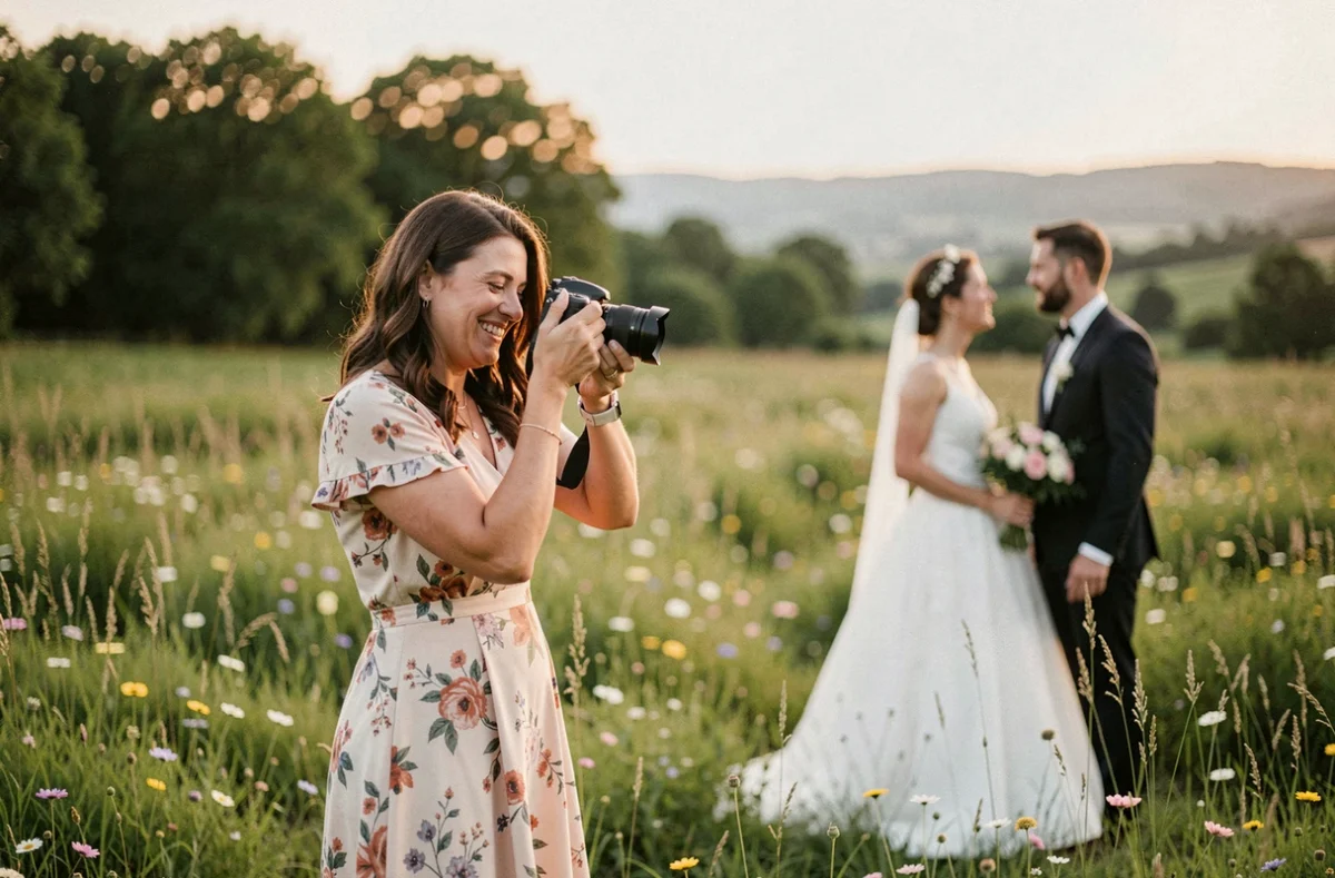 Photographe de mariage Claire Laborde en action dans la campagne toulousaine, capturant un couple de mariés au milieu des fleurs sauvages