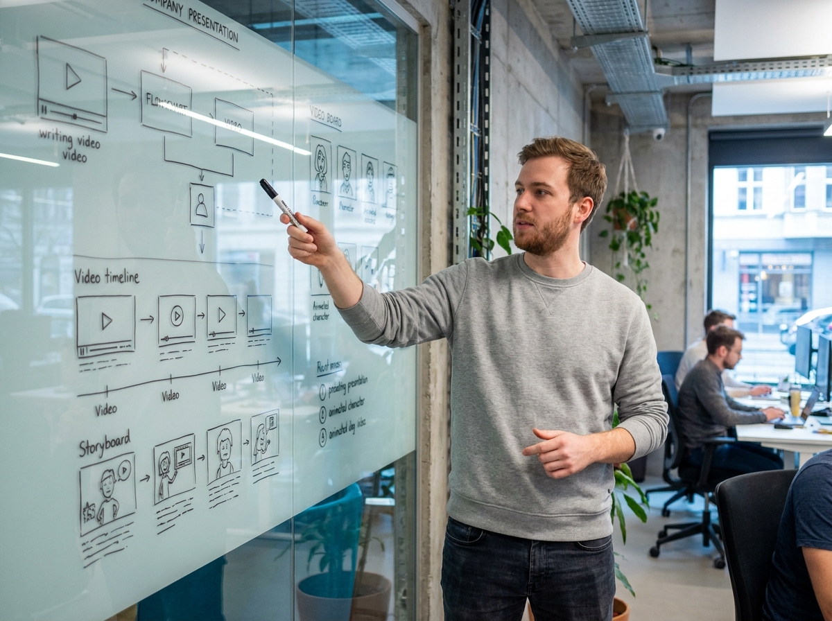 Designer vidéo expliquant la structure d'une vidéo motion design devant un tableau blanc rempli de schémas de scènes