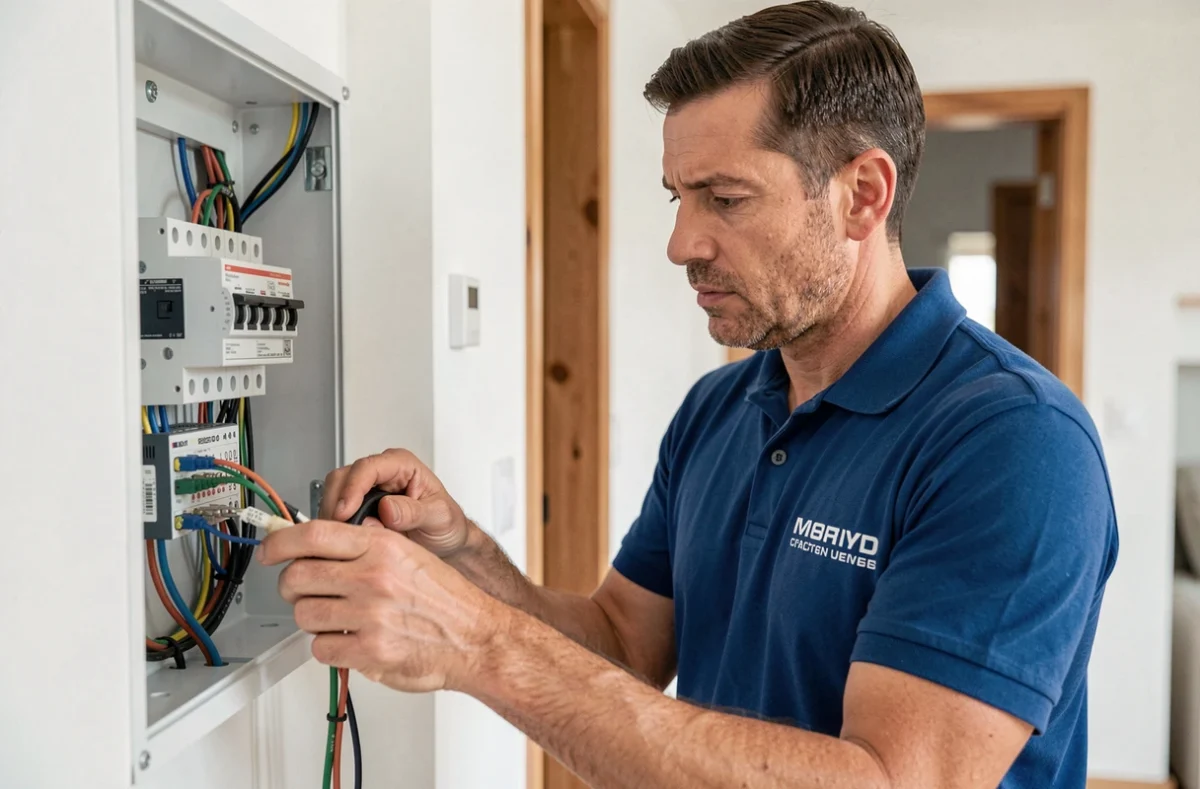 Électricien Emeric Chevin câblant un tableau électrique dans une maison en Ardèche