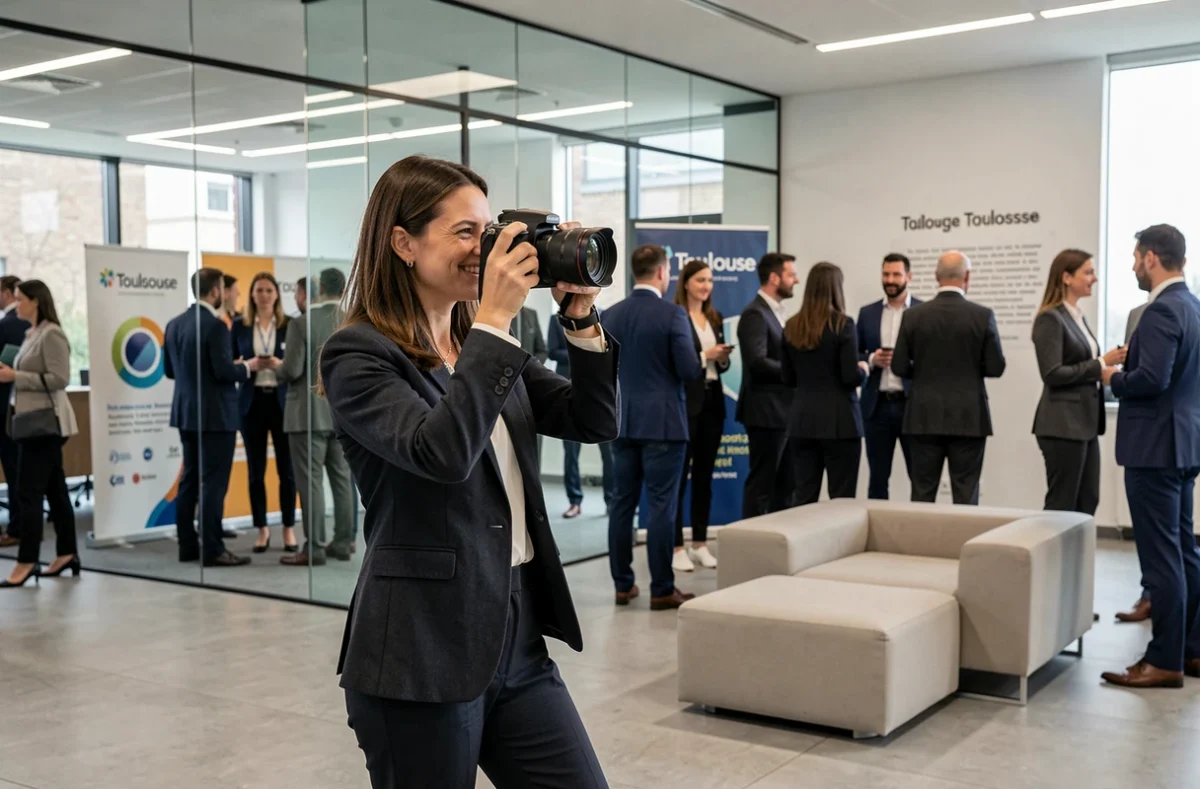 Elsa Favarcq photographiant un événement corporate dans un centre de conférences moderne à Toulouse, entourée de professionnels en réseau