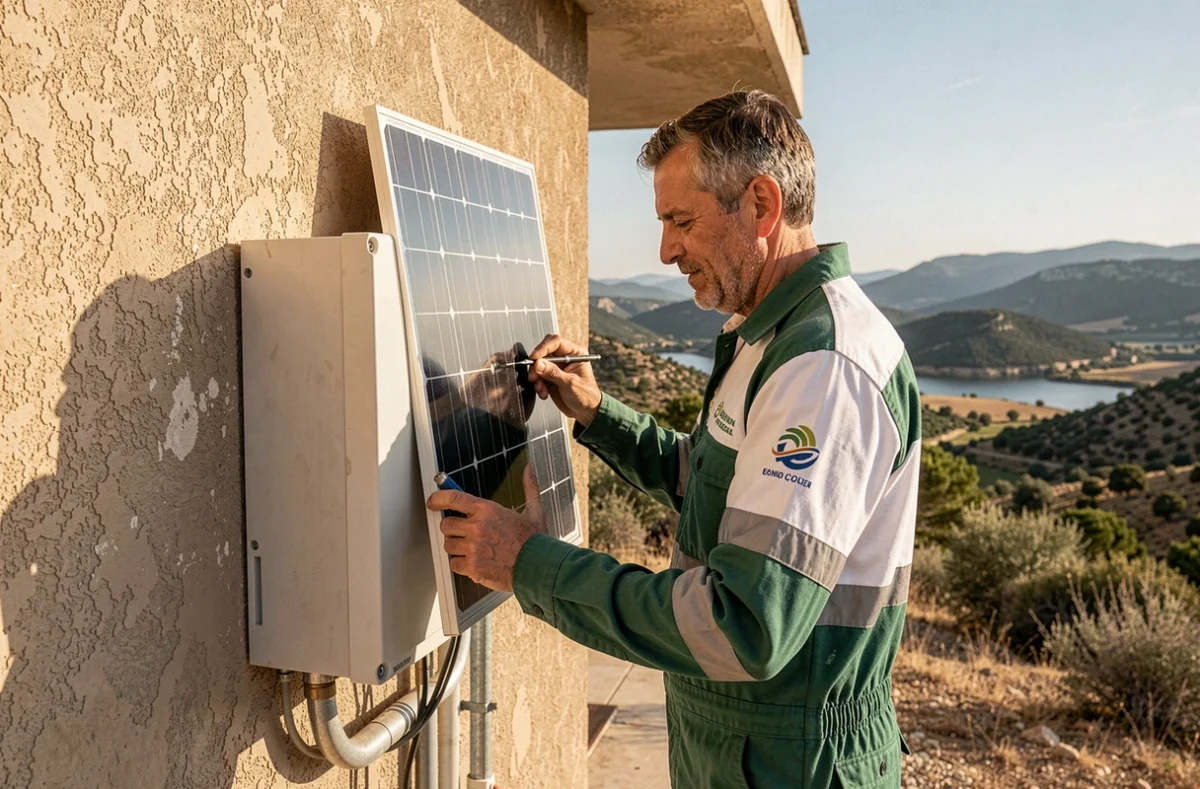 Technicien Énergie Catalane Ardéchoise inspectant un onduleur solaire sur une maison contemporaine en Ardèche