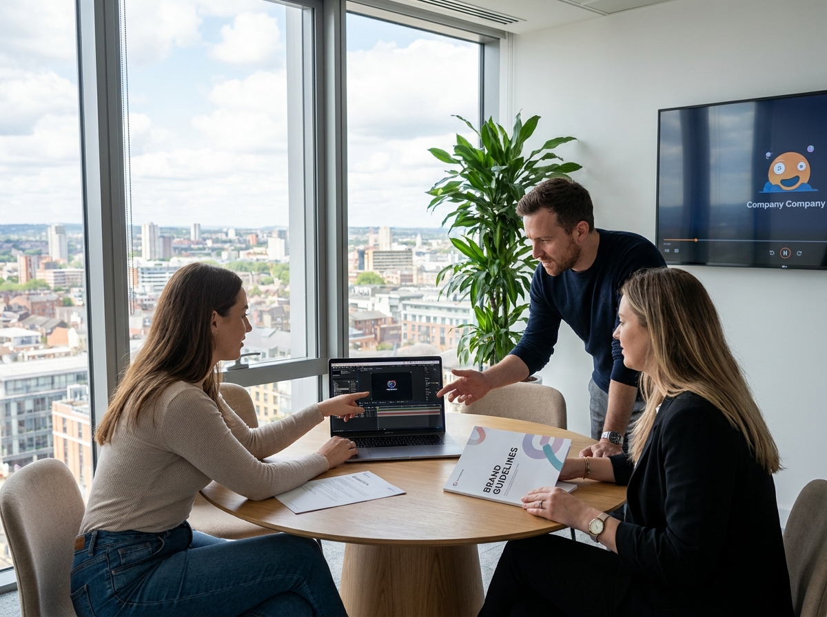 Équipe créative discutant du format et de la durée d'une vidéo motion design pour présenter une entreprise autour d'une table de réunion