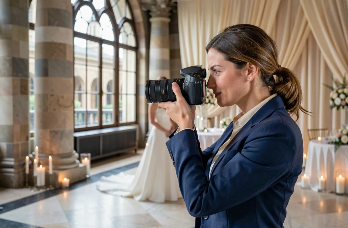 Eugénie Smirnova photographiant une mariée dans un lieu de réception élégant à Toulouse, avec décor floral et colonnes en pierre en arrière-plan