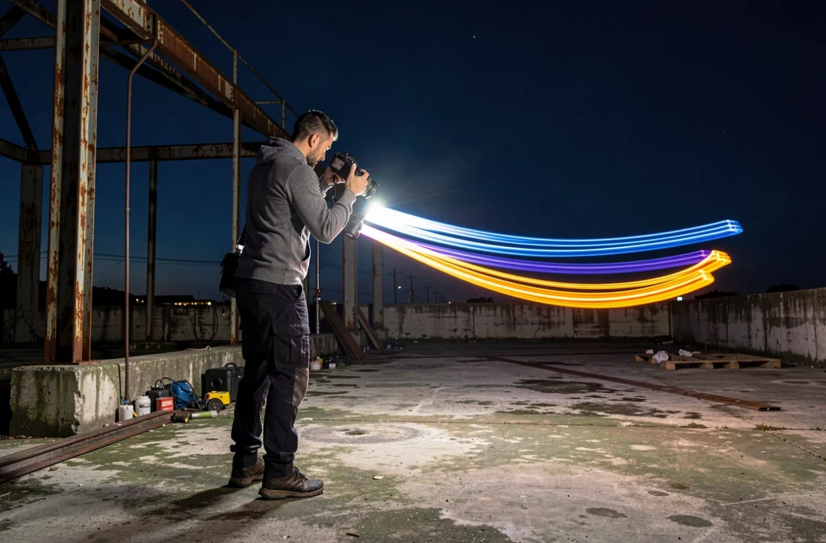 Fabien Sans réalisant une photo de light painting dans un espace industriel nocturne près de Toulouse, avec des traînées de lumière colorées en mouvement