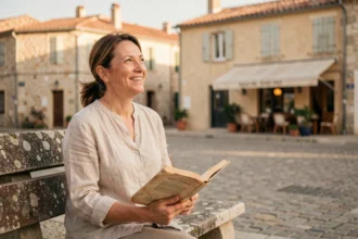 Femme détendue en vacances dans un village côtier français, illustrant l'expression 'bonnes vacances'