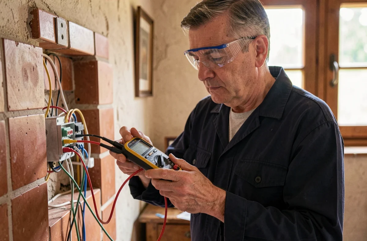 Technicien Herellier Darnat Électricité testant un circuit avec un multimètre dans une maison ardéchoise