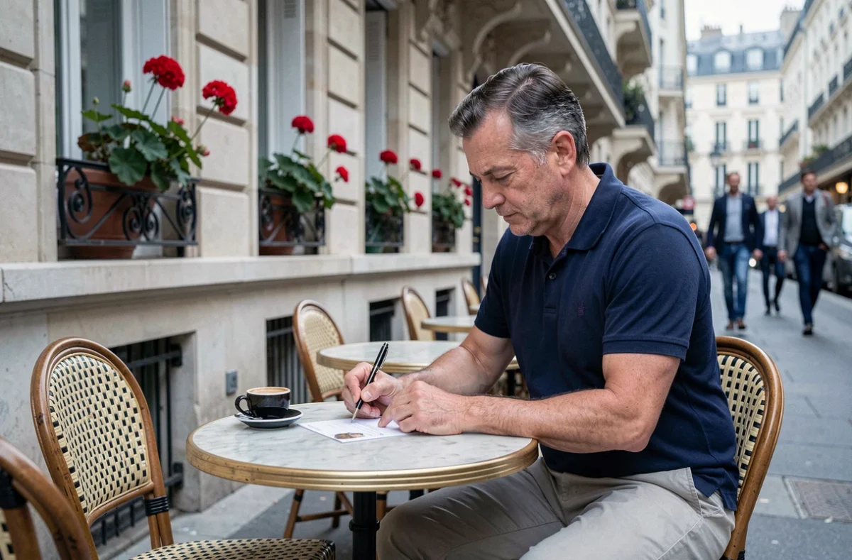 Homme écrivant une carte postale en terrasse de café à Paris pendant ses vacances d'été