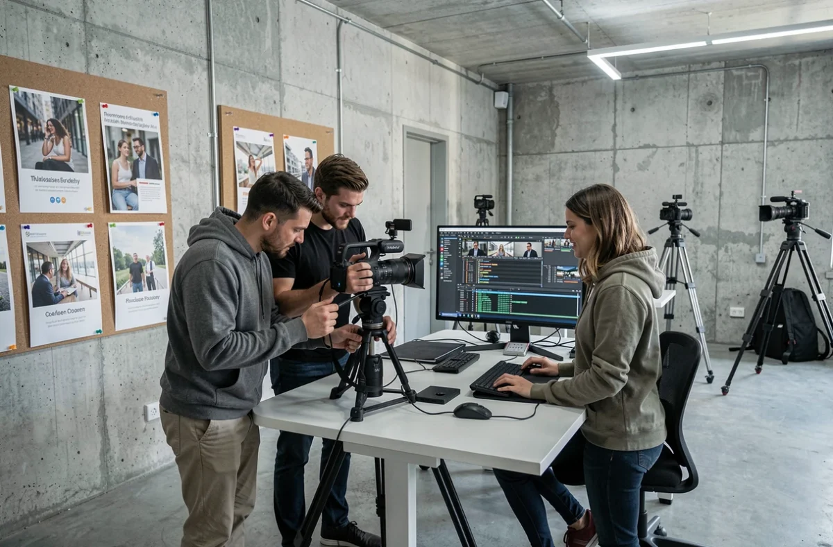 Équipe de Kadre Prod collaborant sur un projet hybride photo et vidéo dans un bureau créatif moderne à Toulouse