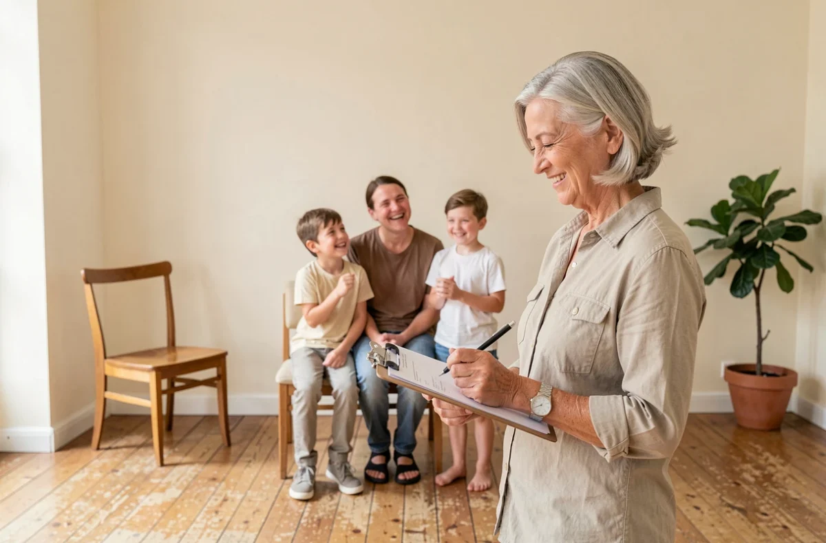 Photographe portraitiste et familiale Laure Marin dans son studio à Toulouse, dirigeant une famille lors d'une séance photo professionnelle