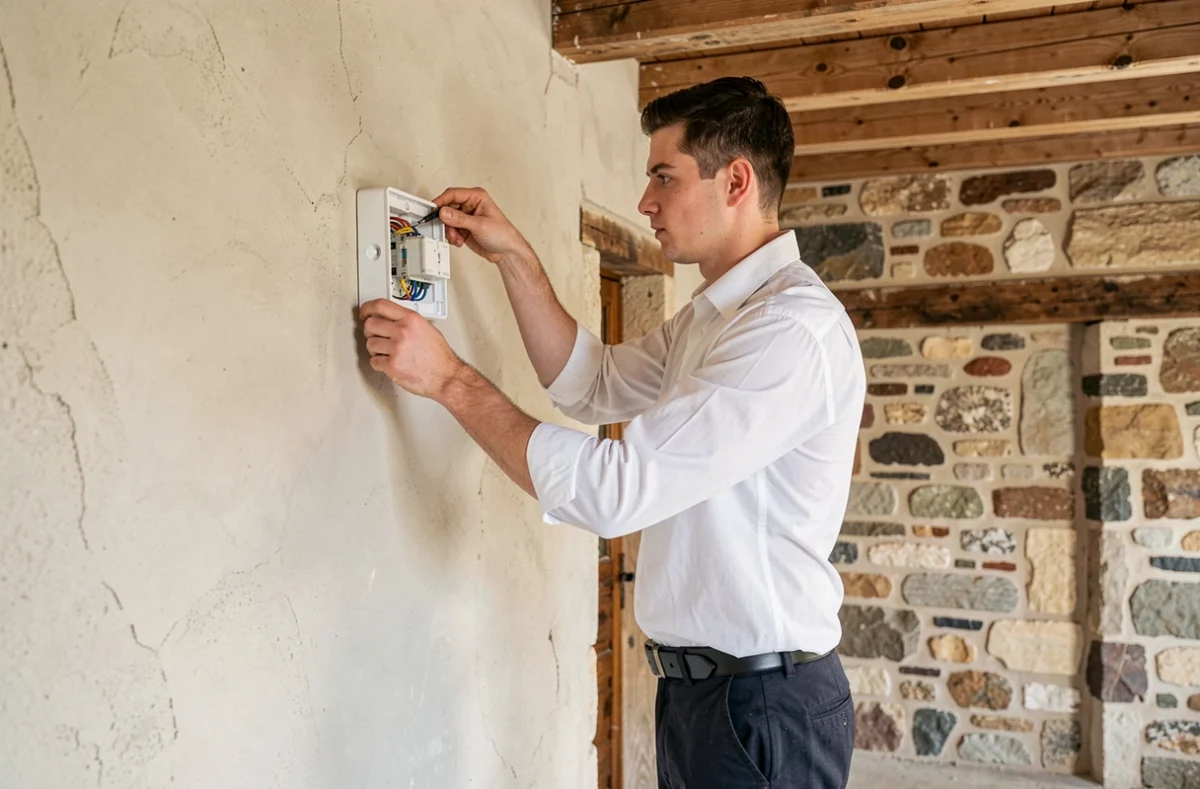 Lextrait Pierre Auguste posant un tableau électrique dans une maison rénovée en Ardèche