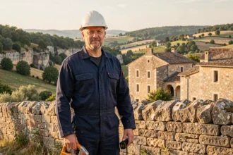 Électricien professionnel devant un paysage typique de l'Ardèche illustrant les meilleurs électriciens de la région