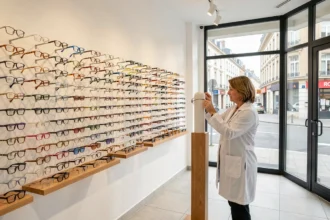 Intérieur d'une boutique d'opticien moderne en Seine-Saint-Denis avec un mur de montures exposées et une opticienne professionnelle