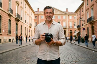 Photographe professionnel tenant un appareil photo reflex dans les rues de Toulouse, avec l'architecture en briques roses de la Haute-Garonne en arrière-plan