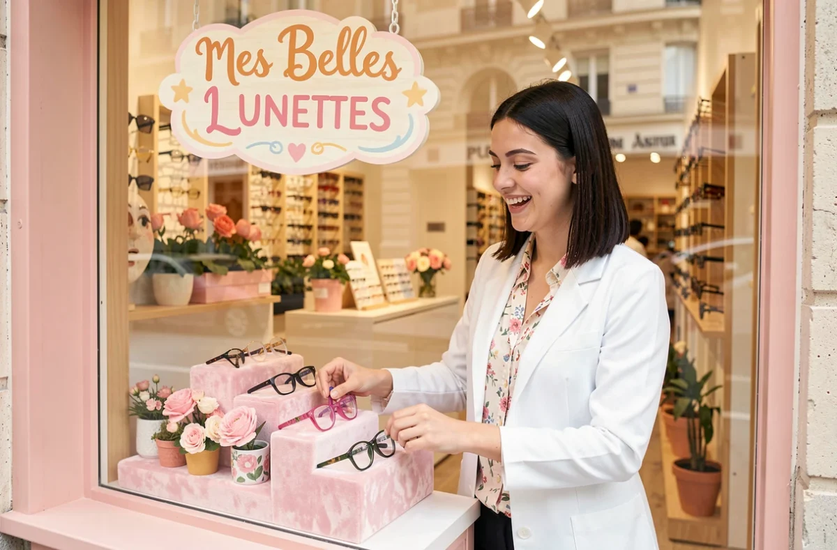 Jeune opticienne de Mes Belles Lunettes à Épinay-sur-Seine disposant une collection colorée de montures mode dans la vitrine de la boutique
