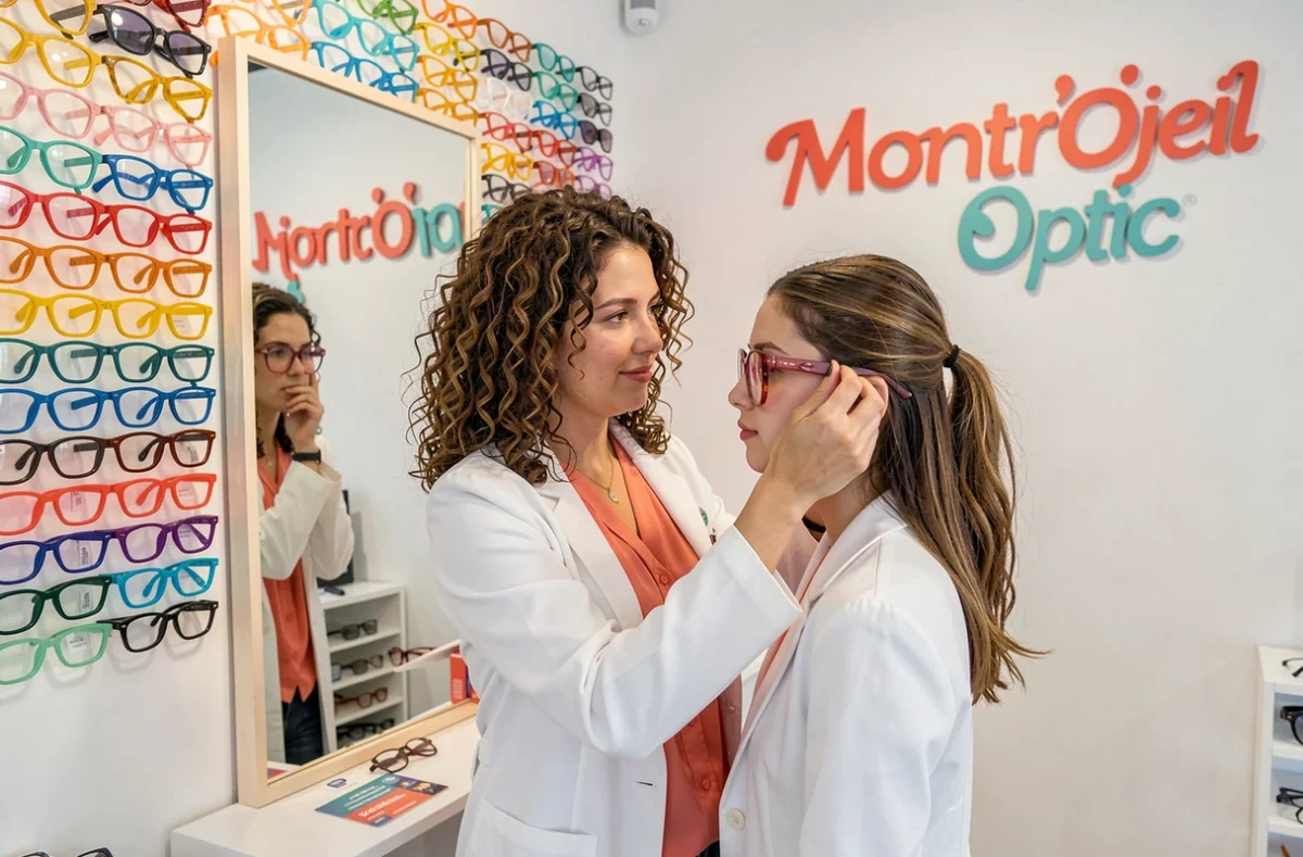 Opticienne de Montr'Oeil Optic aidant une jeune femme à essayer des lunettes devant une installation murale colorée de montures