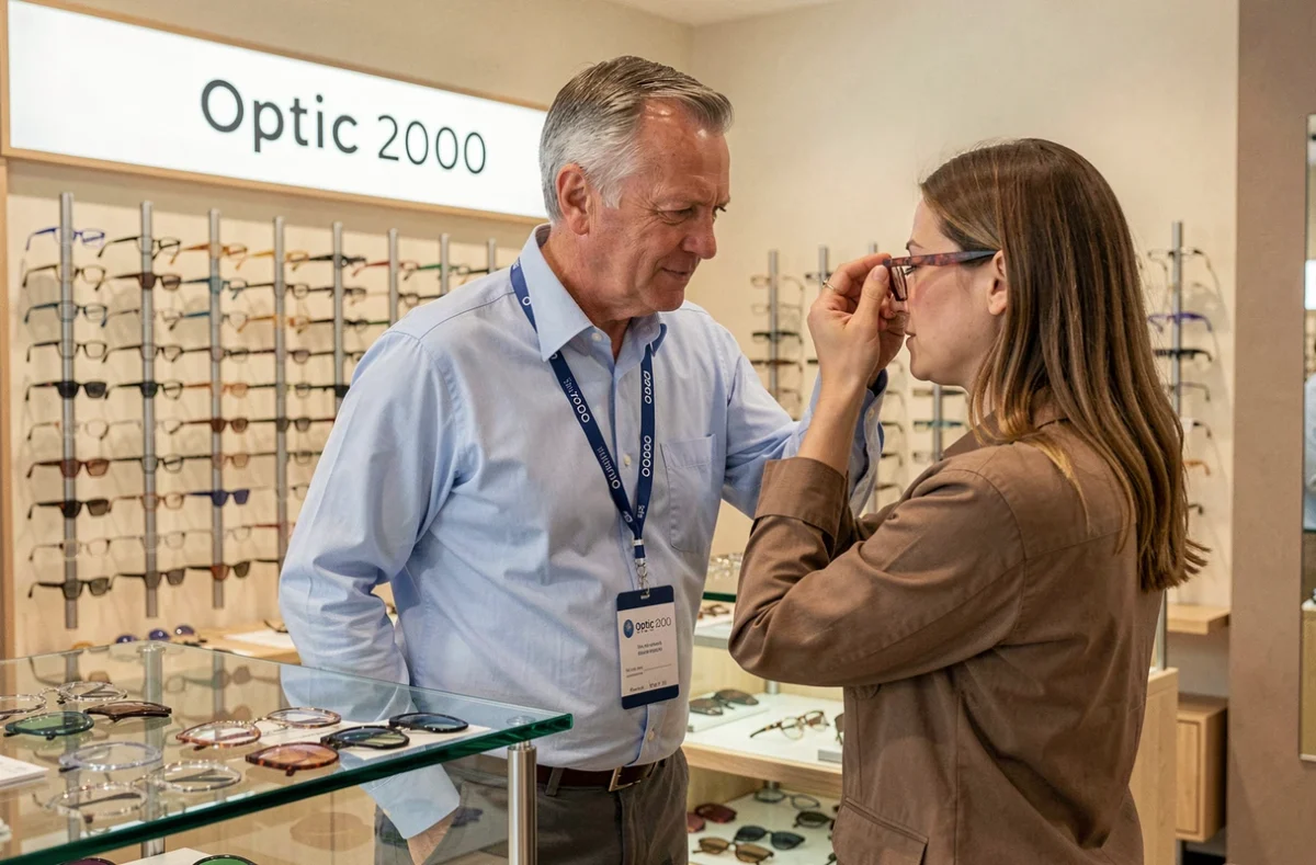 Opticien de la boutique Optic 2000 Saint-Denis aidant une cliente à choisir des lunettes