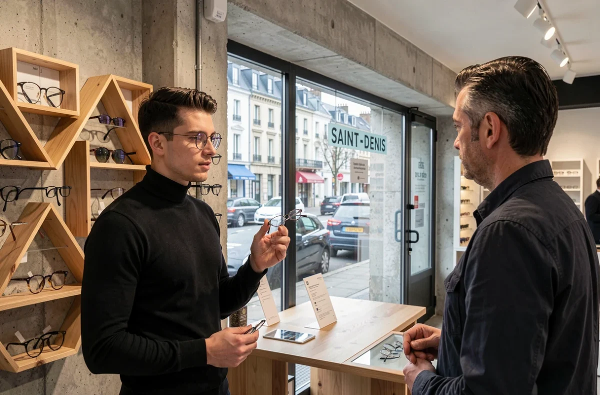 Boutique Optical District à Saint-Denis avec un opticien en tenue noire présentant des montures design à un client