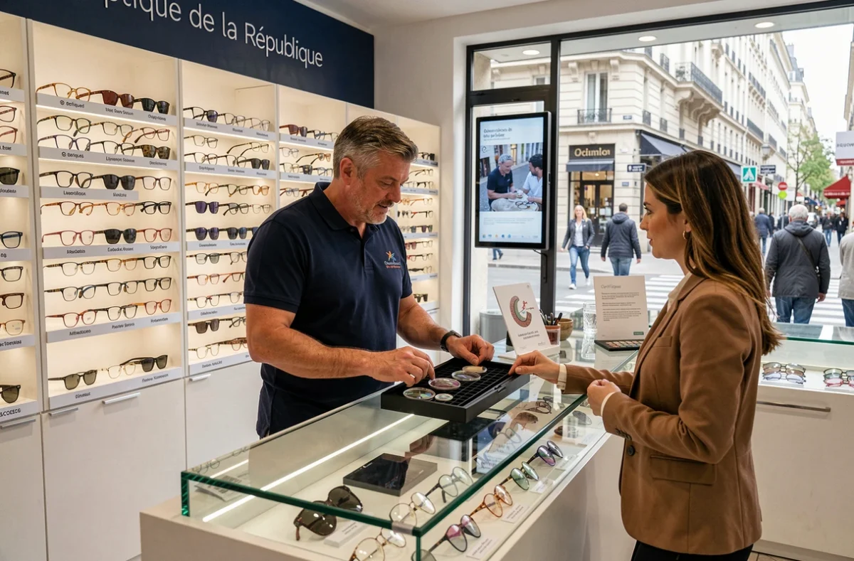 Opticien de l'Optique de la République présentant des options de verres à une cliente devant un comptoir vitré sur une avenue commerçante animée