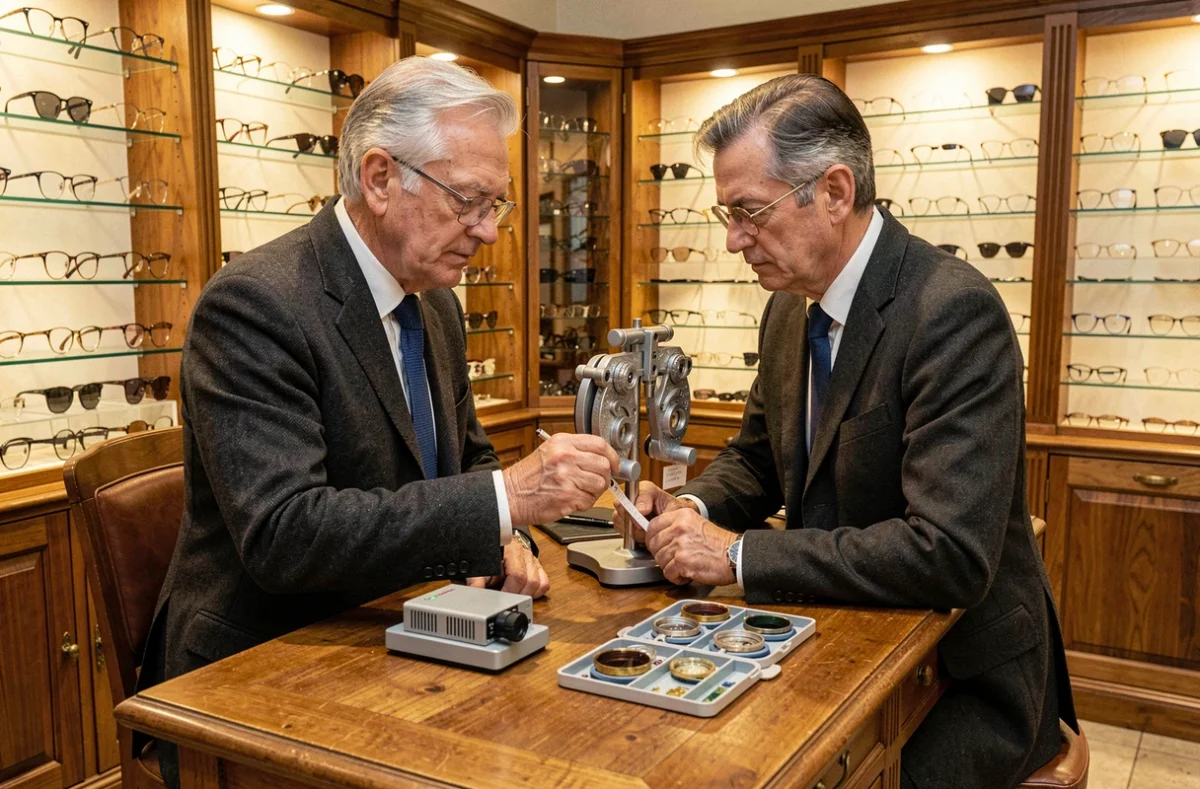 Opticien Pierre Léman en consultation avec un client dans sa boutique à Montreuil, entouré de présentoirs de montures classiques et contemporaines