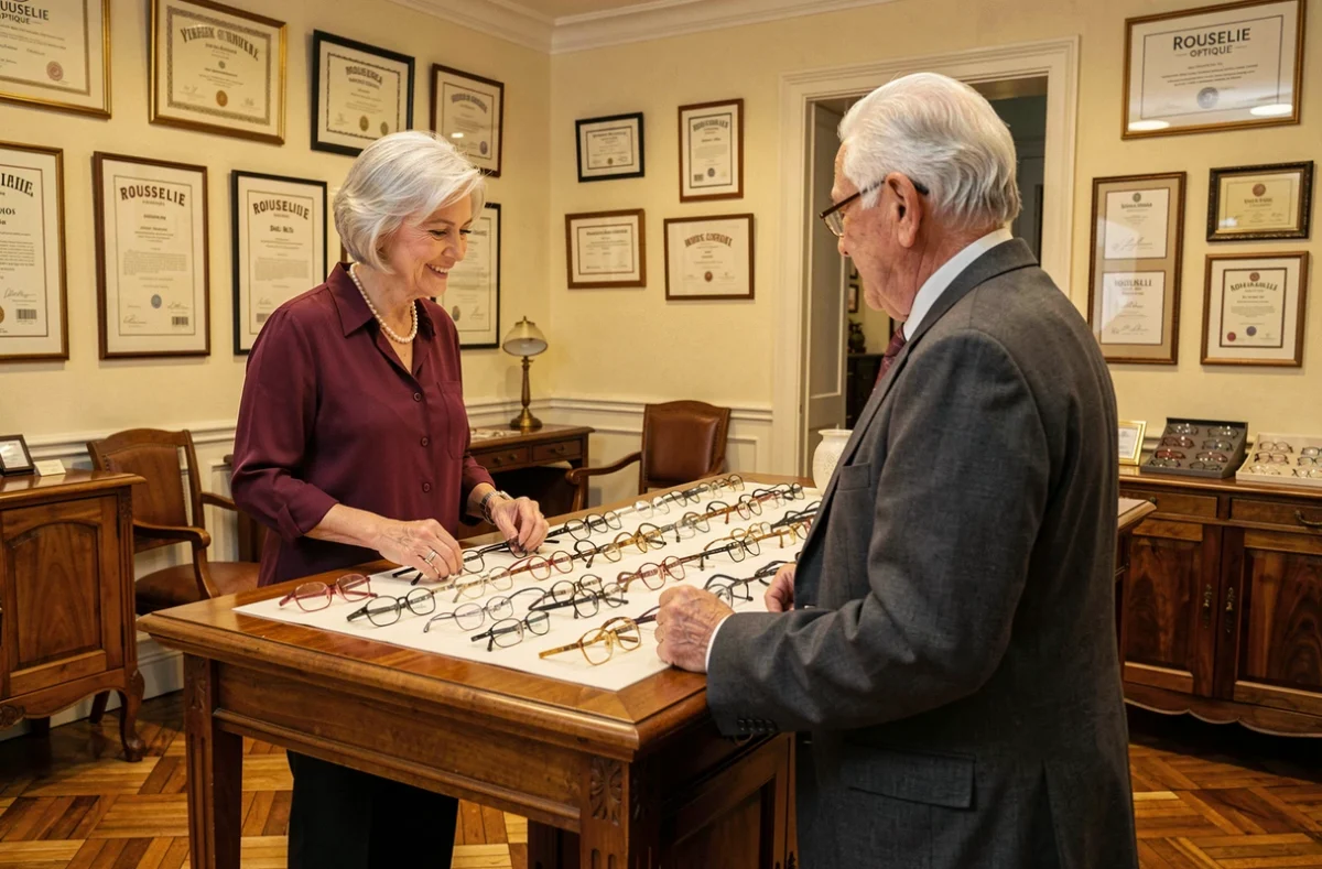 Opticienne de Rousselie Optique accueillant chaleureusement un client âgé dans une boutique à l'ambiance familiale et raffinée