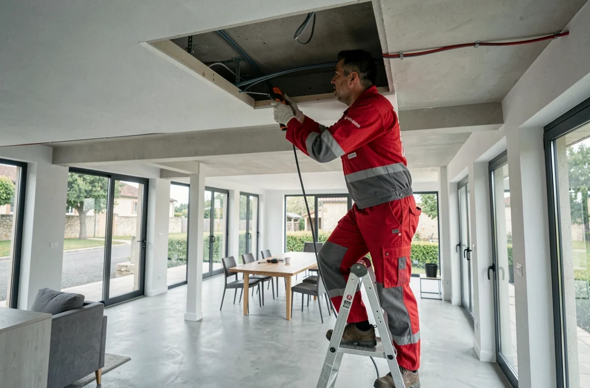 Électricien Serieyssol Électricité tirant des câbles dans le faux plafond d'un bureau en Ardèche