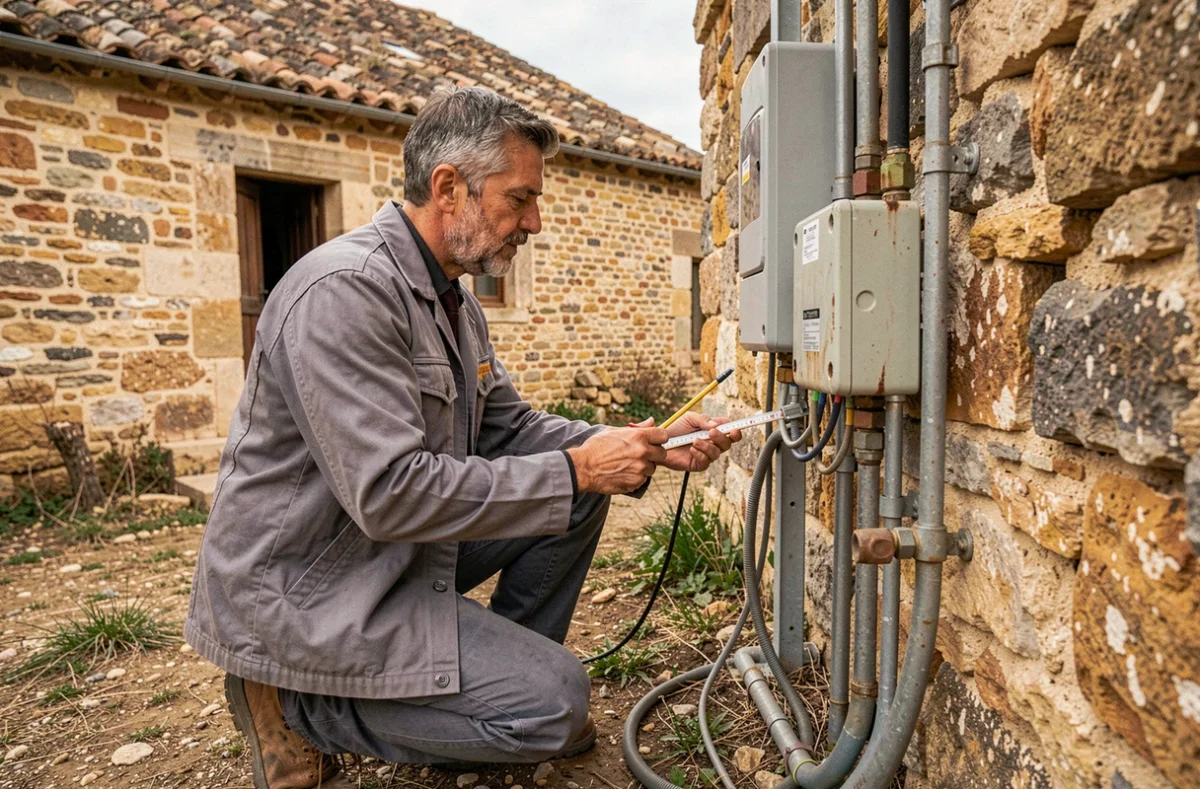 Jérôme Sevenier électricien inspectant une installation extérieure près d'une ferme ardéchoise