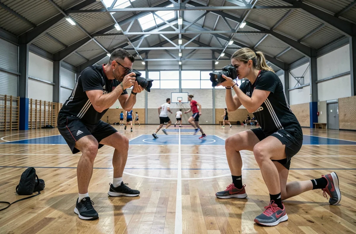 Deux photographes du Studio Folies en action dans un gymnase moderne à Toulouse, capturant des scènes sportives dynamiques