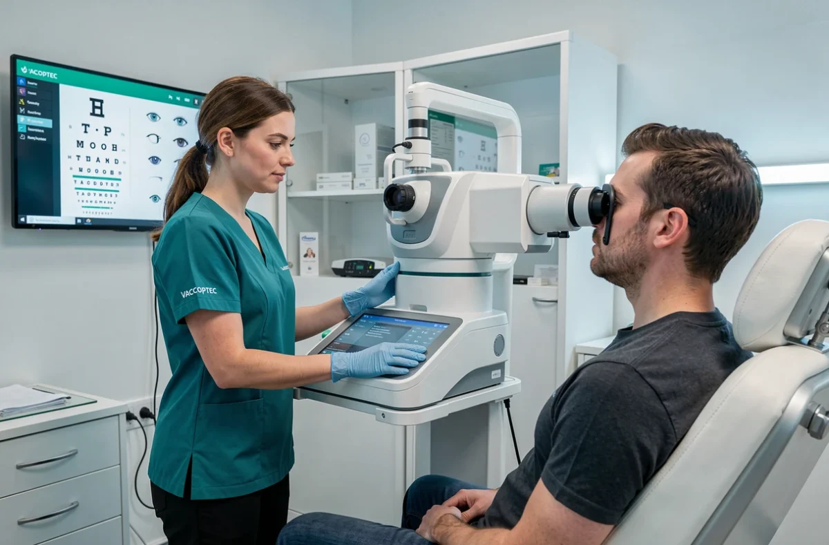 Opticienne de Vacoptec utilisant un équipement de réfraction automatisé moderne lors d'un examen de vue en cabinet