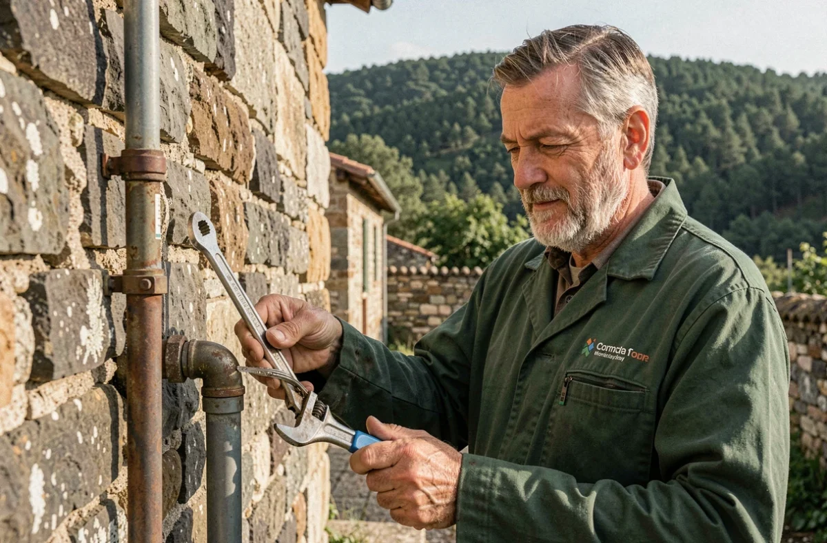 Artisan de Verdalle Plomberie réparant une canalisation sur une ferme en pierre dans la Montagne Noire