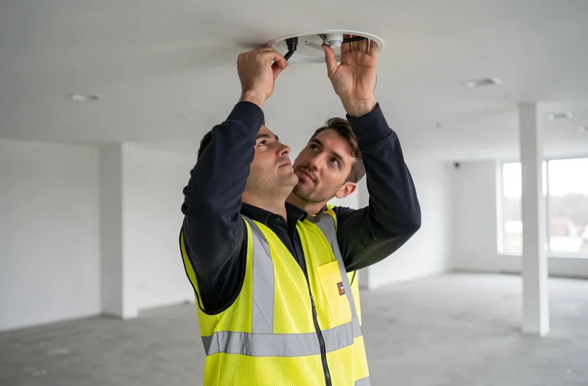 Technicien VEY Électricité posant des spots encastrés dans un local commercial en Ardèche