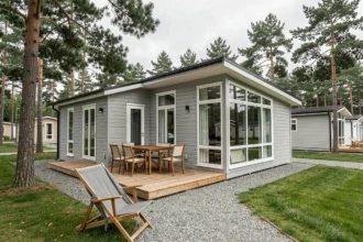 Extérieur moderne d'un mobil-home avec bardage gris et terrasse en bois dans un parc résidentiel
