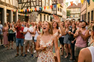 Foule enthousiaste lors de la Fête de la Musique à Strasbourg, avec scène de rue et façades alsaciennes en arrière-plan