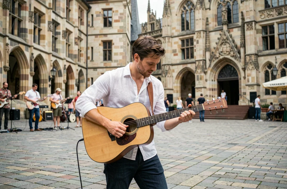 Musicien jouant de la guitare acoustique sur une place historique de Strasbourg lors de la Fête de la Musique 2026