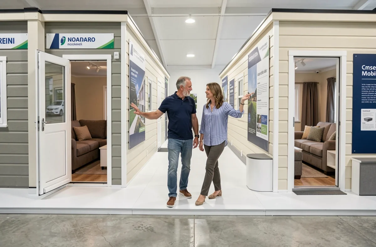 Showroom de fabricants de mobil-homes avec couple comparant différents modèles exposés